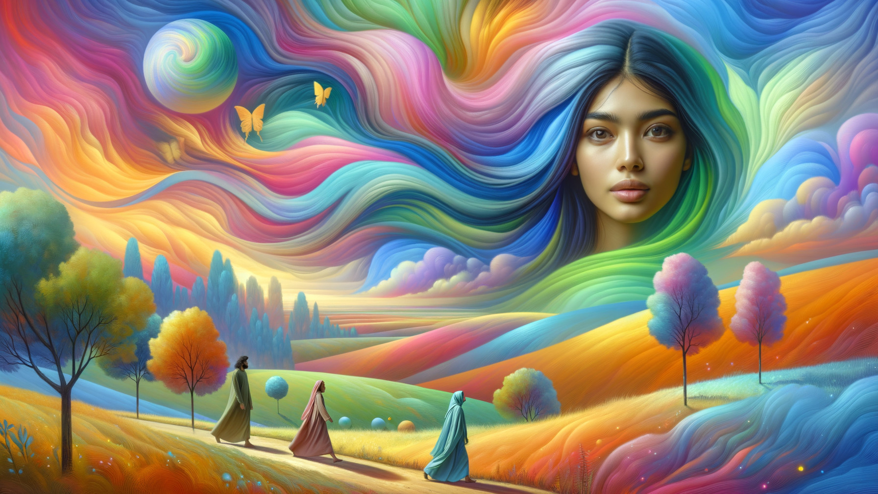 Surreal Landscape with Figures and Colorful Hills