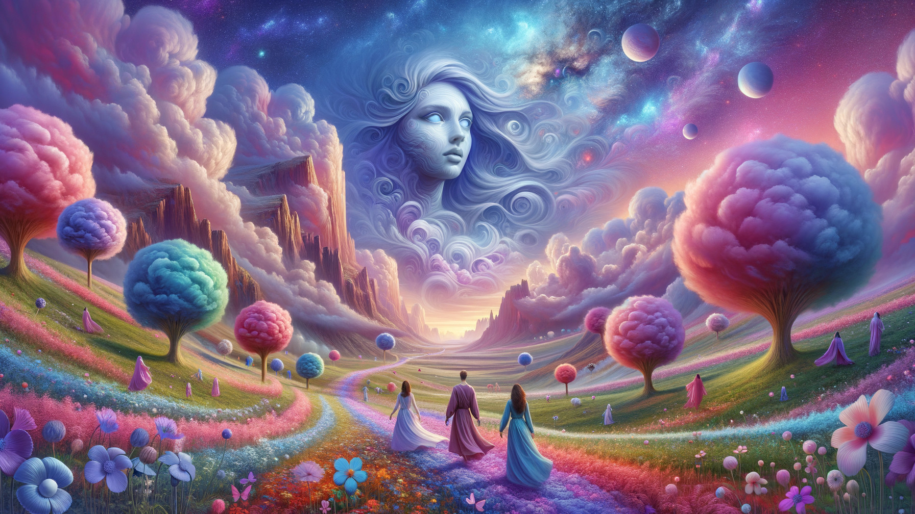 Surreal Landscape with Ethereal Face and Colorful Trees