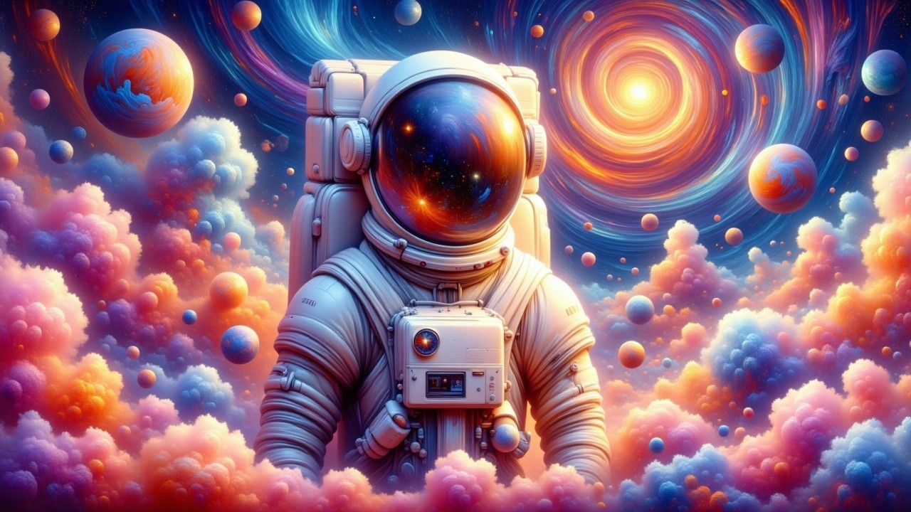 Astronaut in a Colorful Cosmic Landscape with Stars