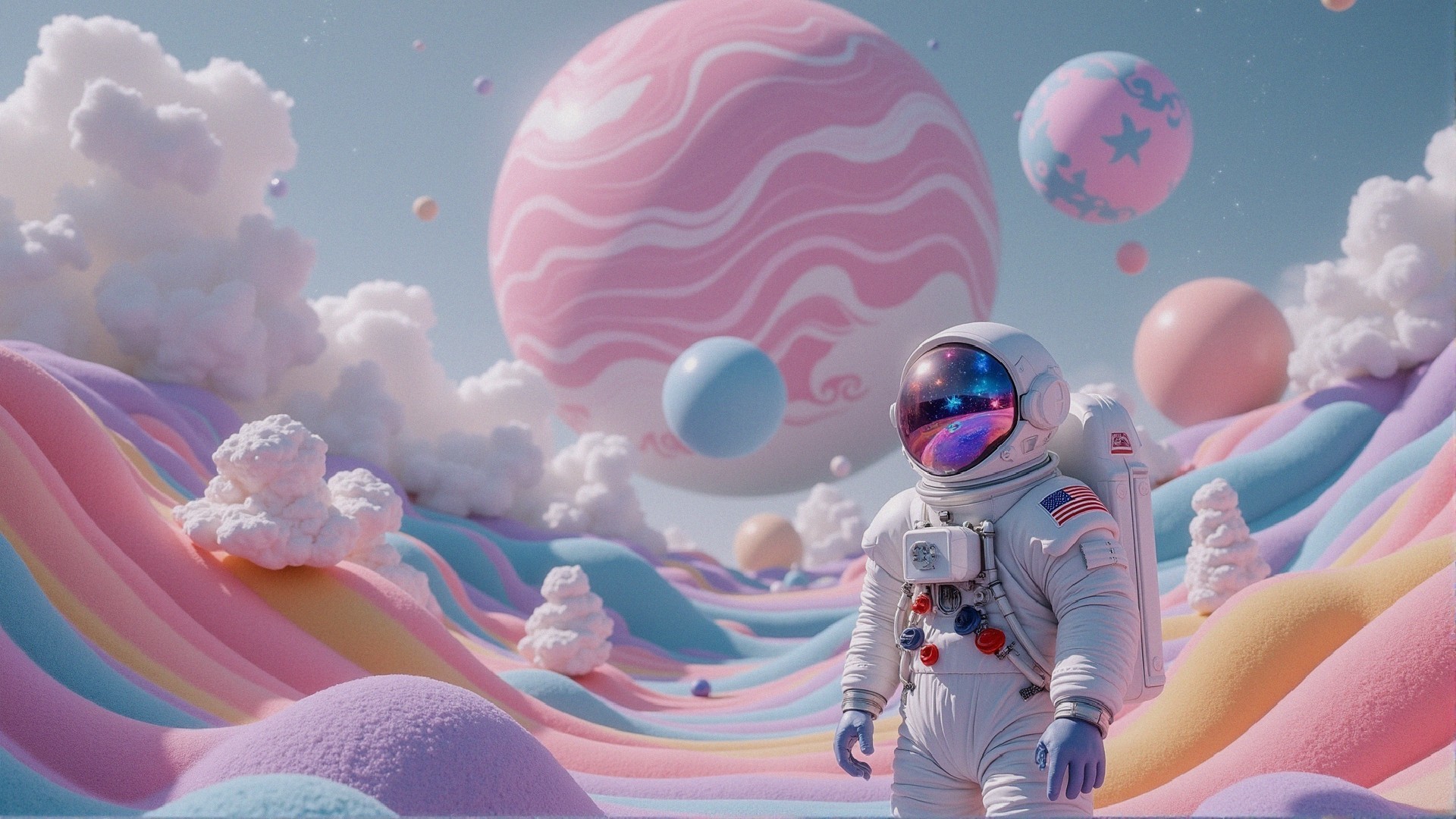 Astronaut in a Surreal Pastel Landscape with Planets
