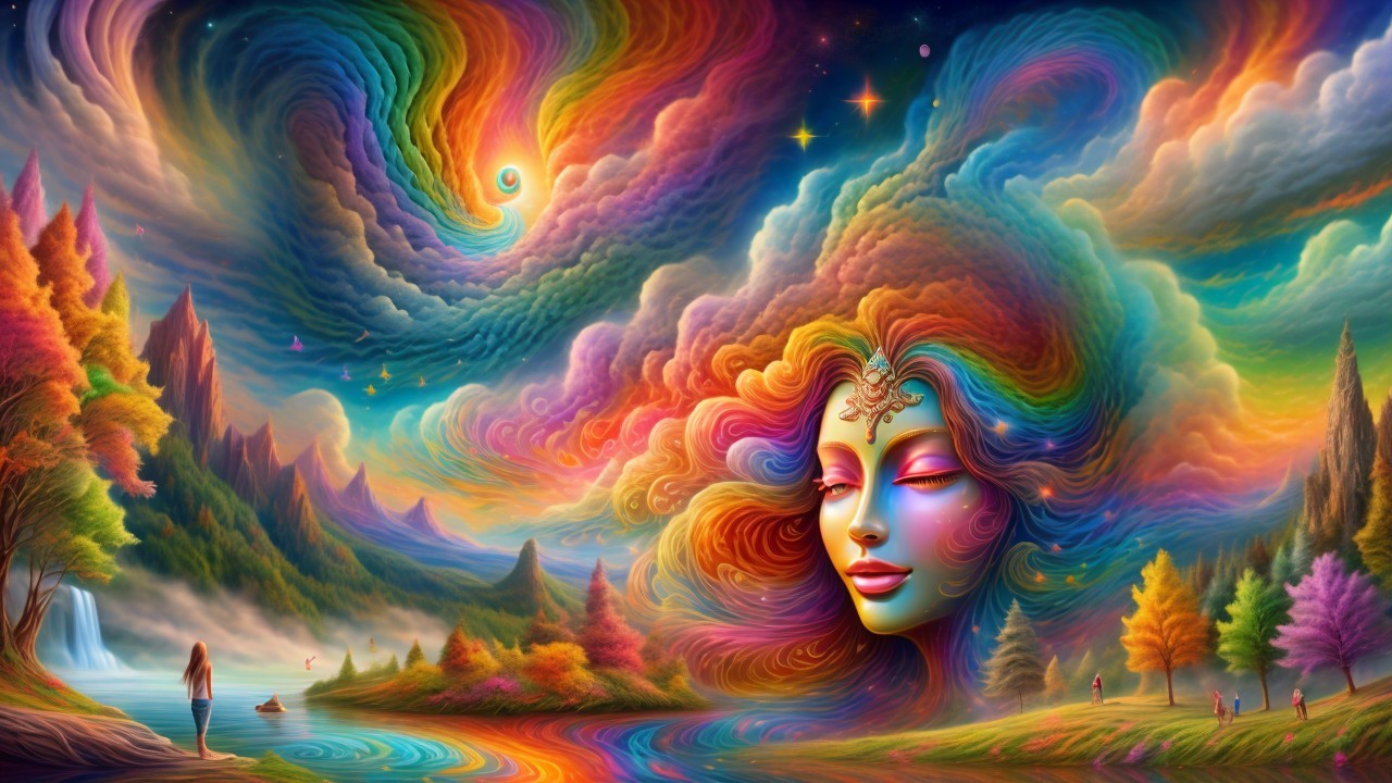 Surreal Landscape with Serene Woman's Face and Nature