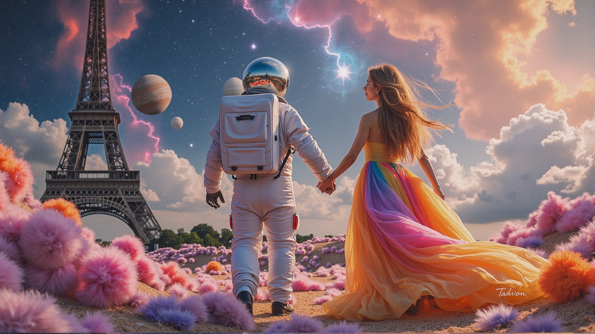 Astronaut and Figure in Dreamy Landscape with Eiffel Tower