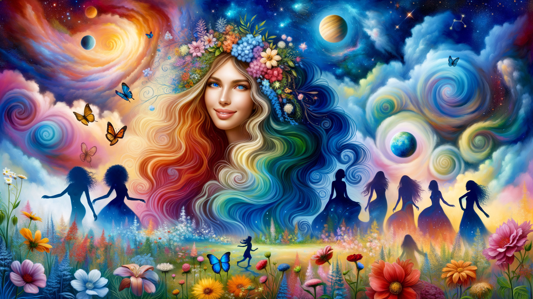 Surreal Landscape with Colorful Woman and Galaxies