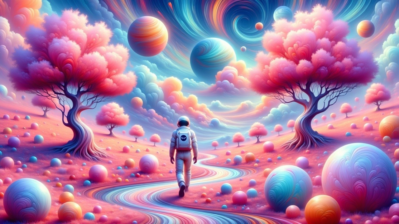 Surreal Landscape with Pink Trees and Planets