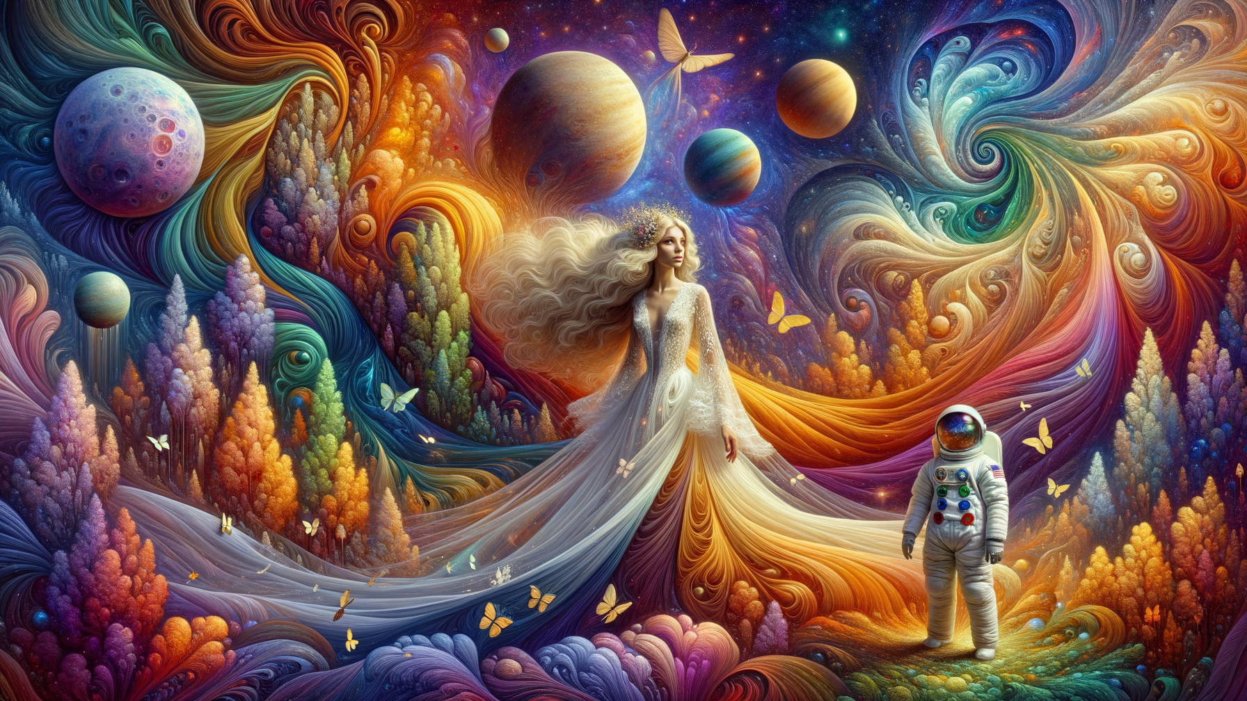 Whimsical Cosmic Scene with Graceful Figure and Butterflies