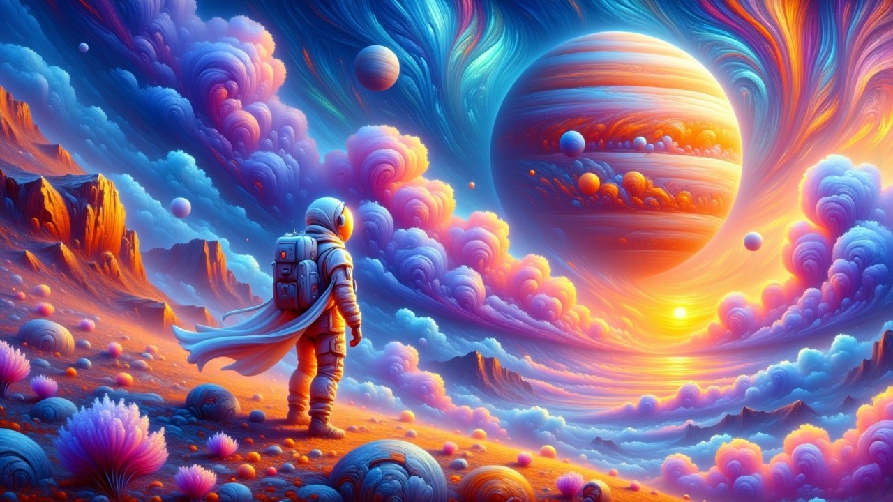 Vibrant Cosmic Landscape with Astronaut and Planet