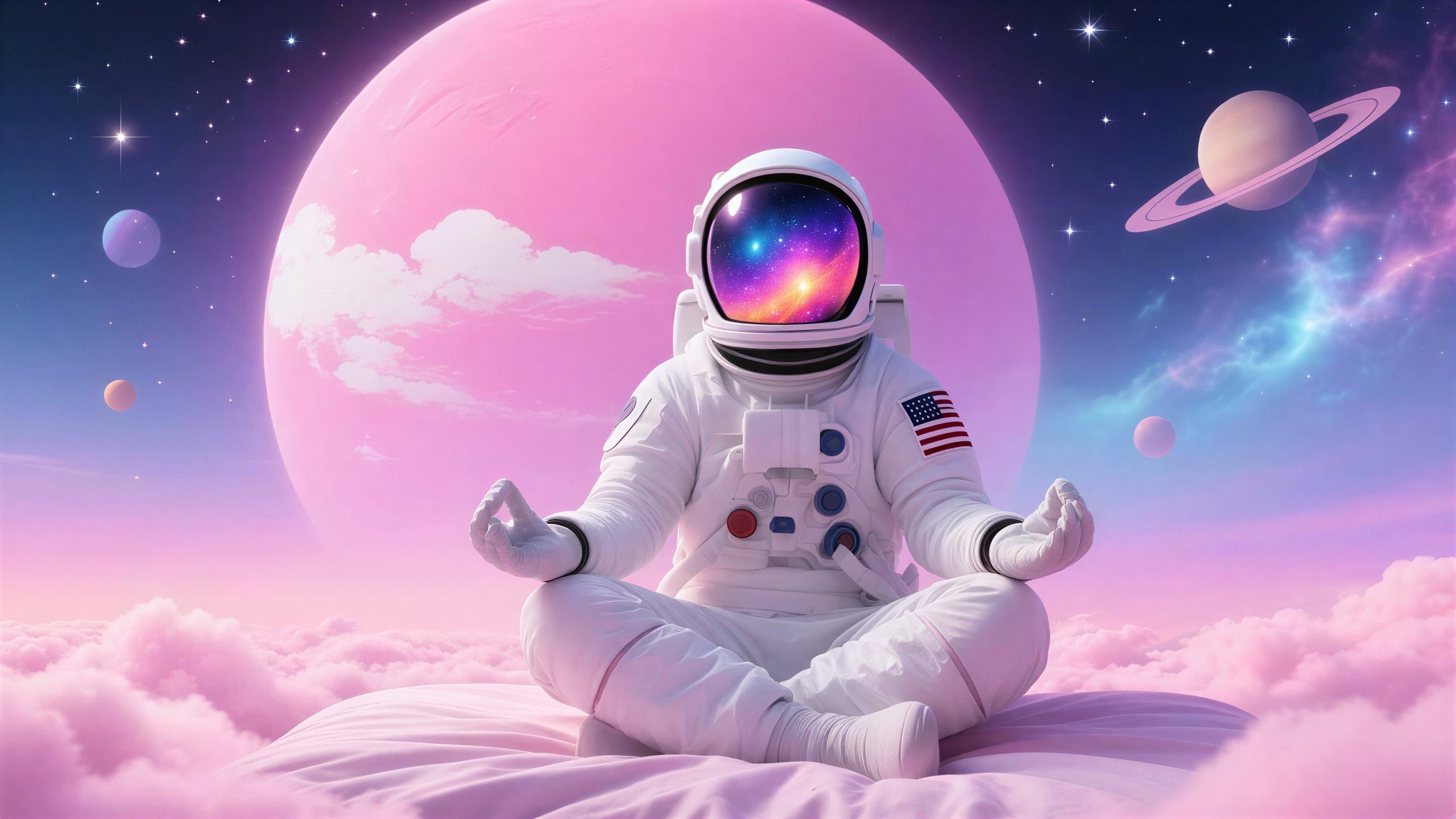 Astronaut Meditating on Pink Cloud with Cosmic Background