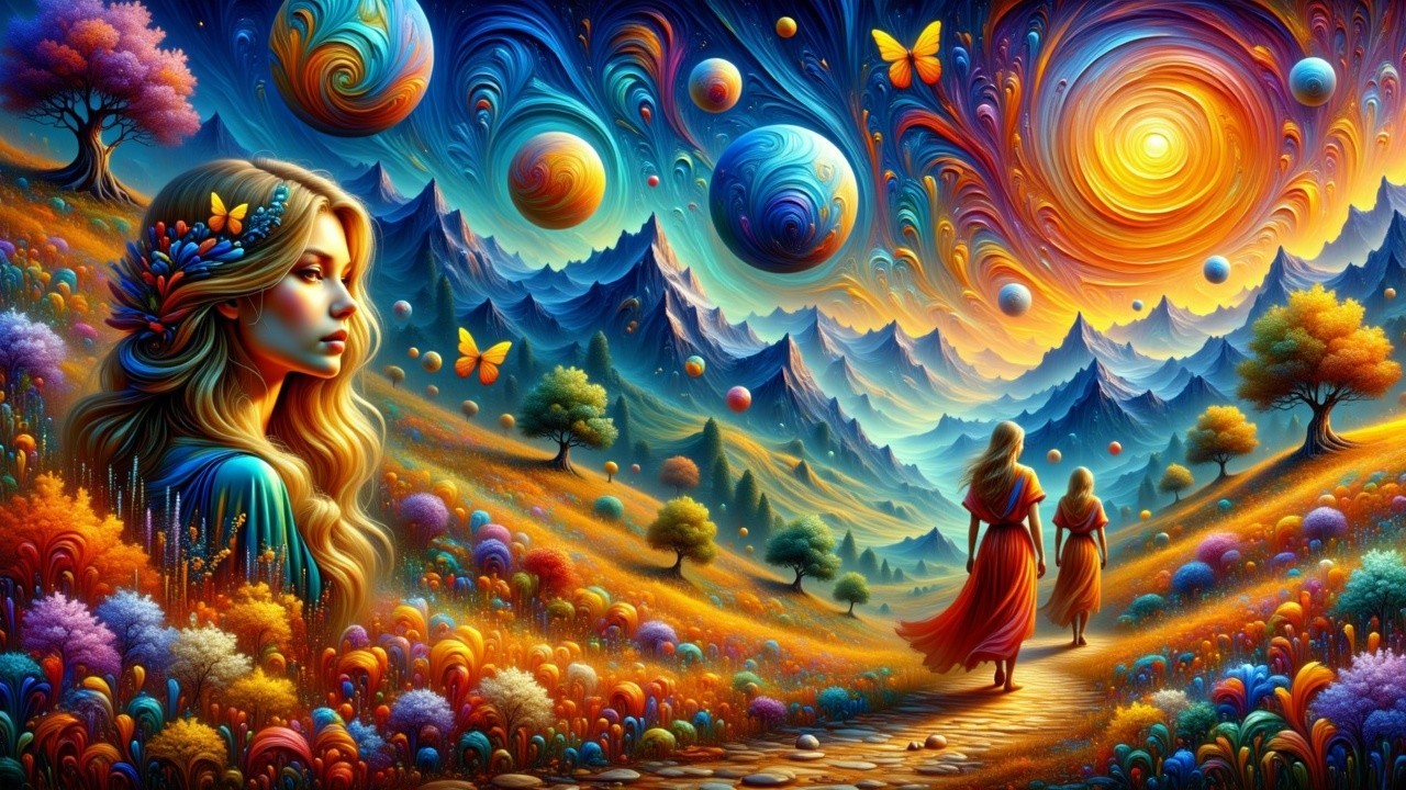 Surreal Landscape with Figures and Colorful Flowers