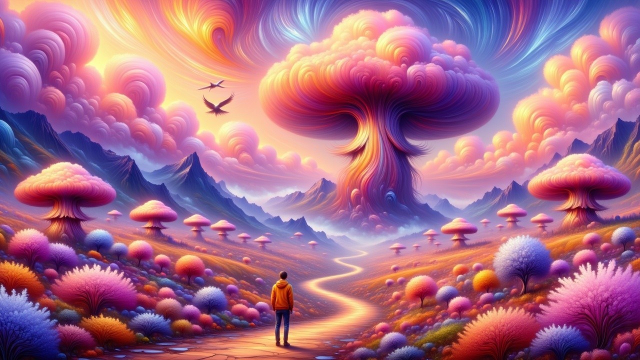 Surreal Landscape with Vibrant Clouds and Mushroom Formation