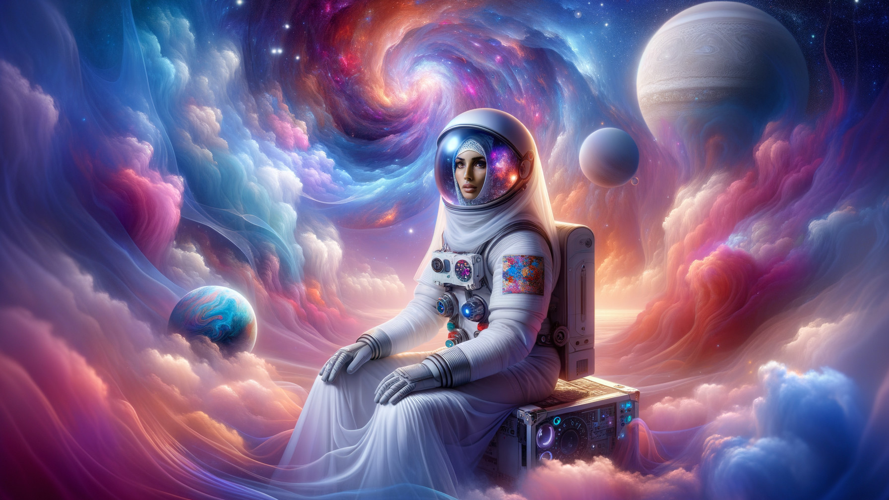 Astronaut in a Colorful Cosmic Landscape with Galaxies
