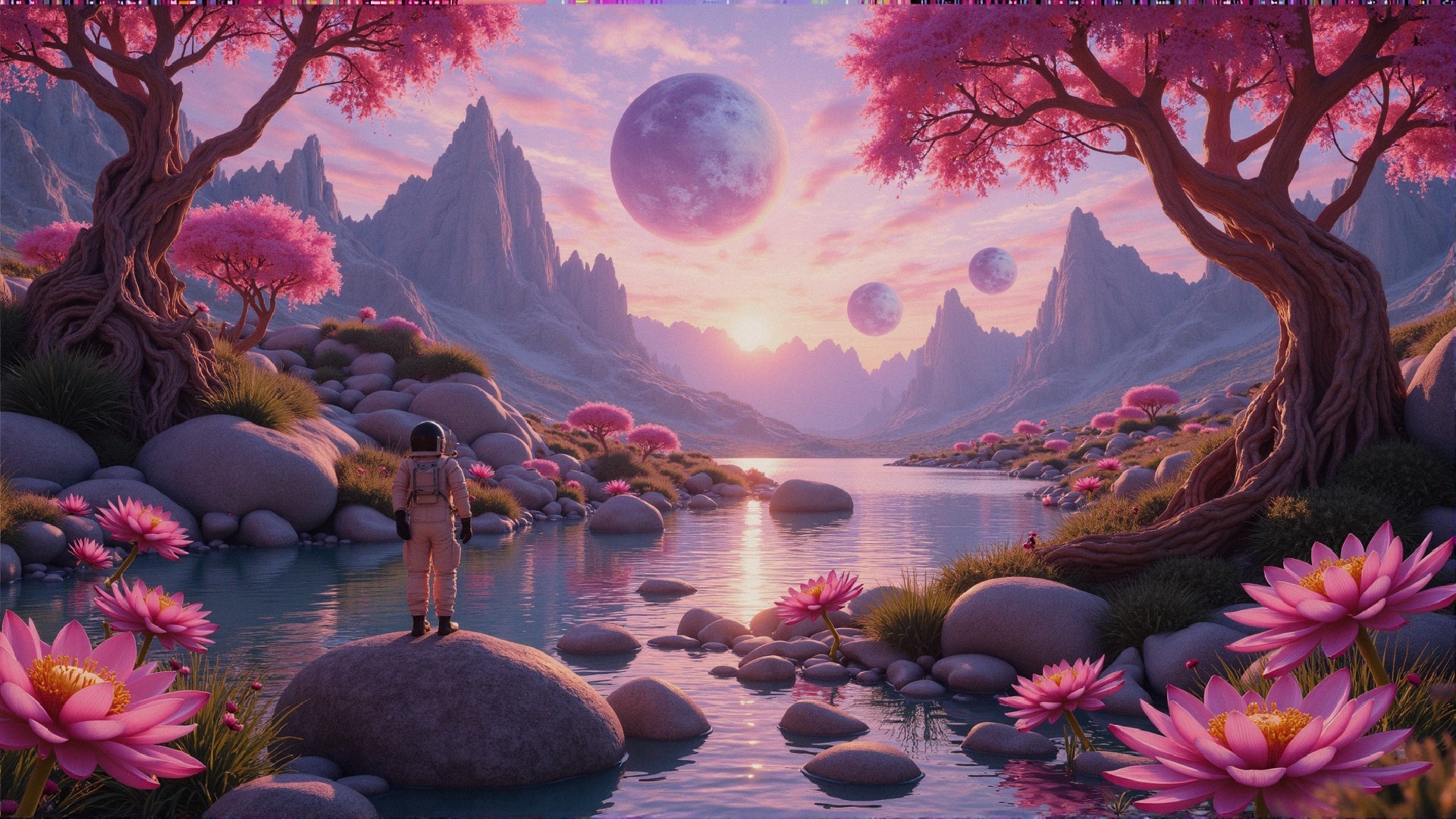 Serene Alien Landscape with River and Pink Trees
