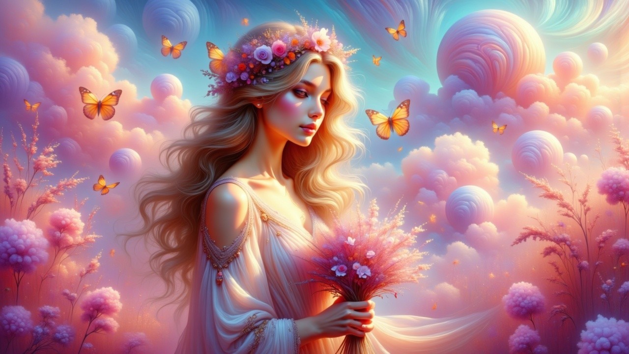 Serene Woman in Floral Crown Amid Dreamy Landscape