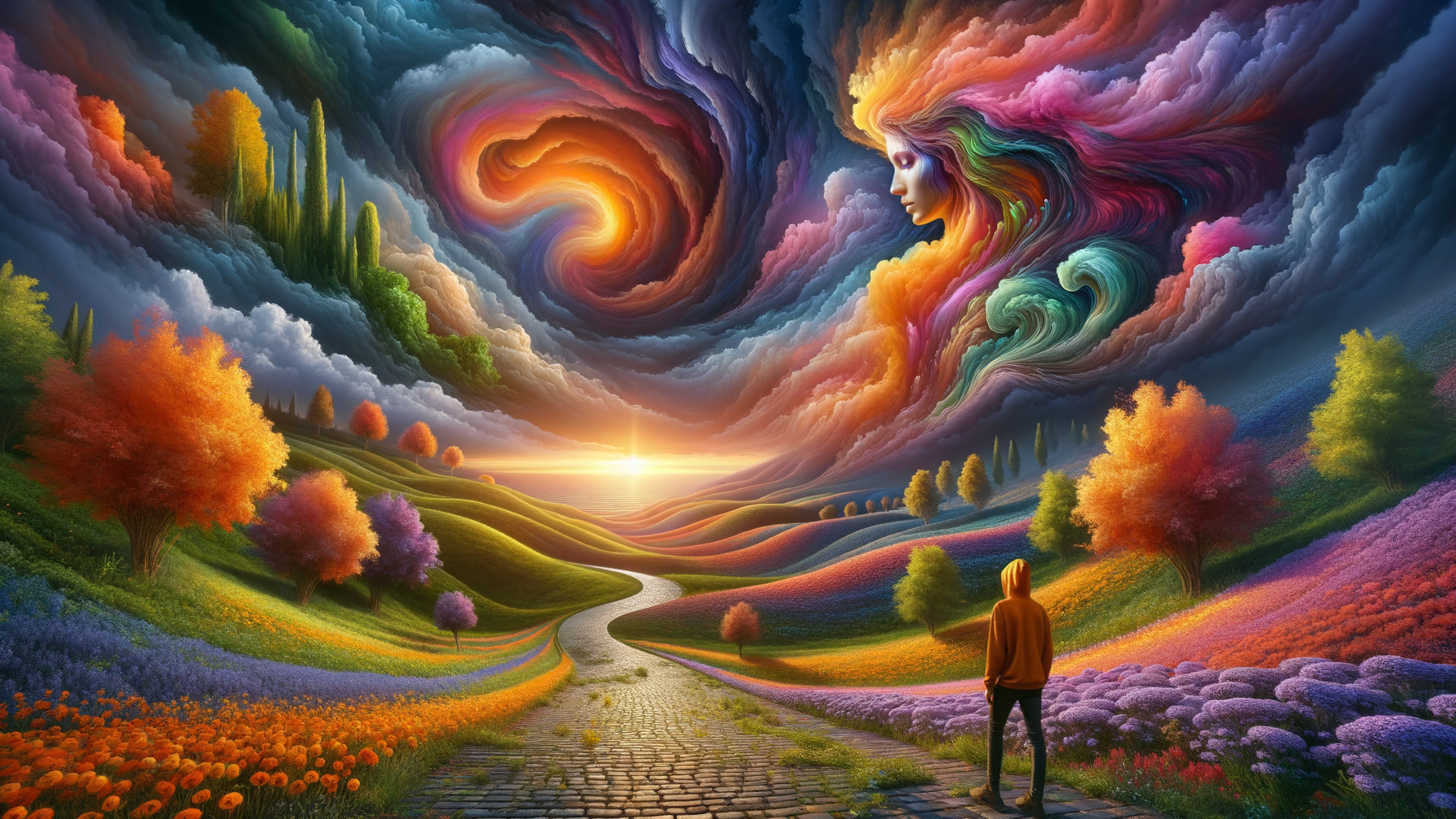 Surreal Landscape with Vibrant Clouds and Ethereal Face
