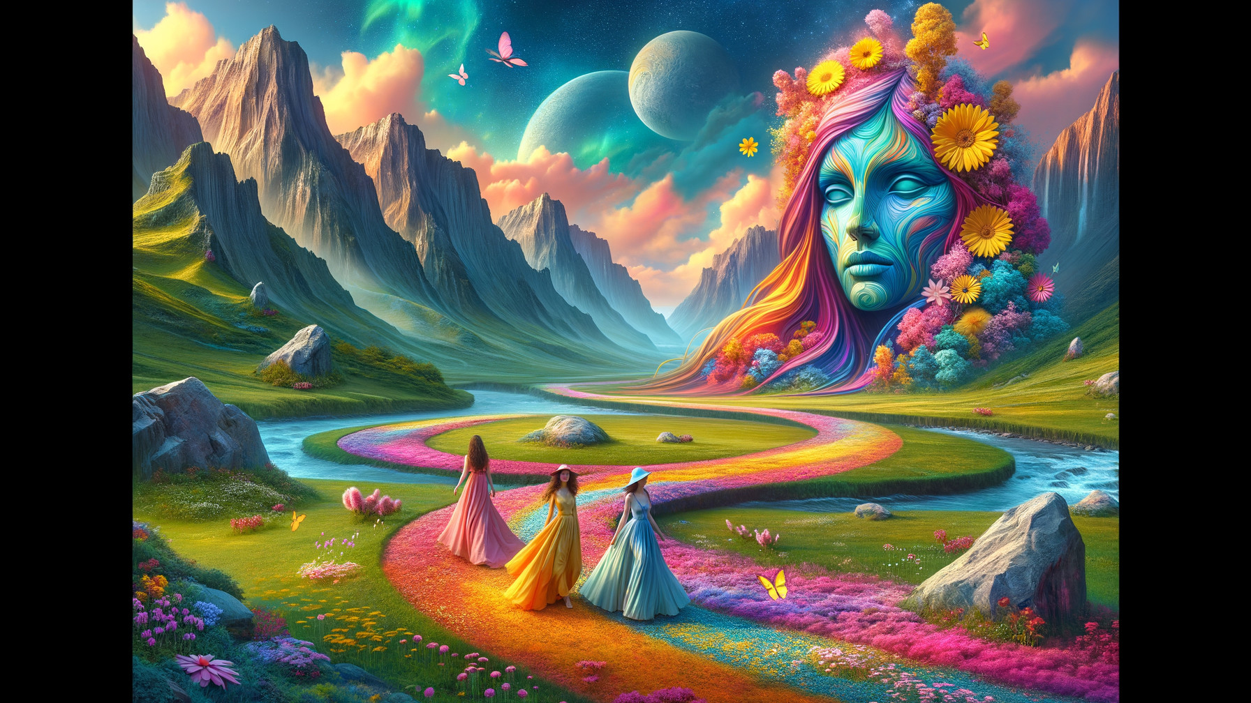 Vibrant Landscape with Women and Ethereal Face