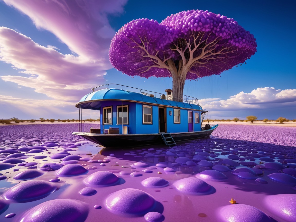 Vibrant Blue Houseboat in Surreal Purple Landscape