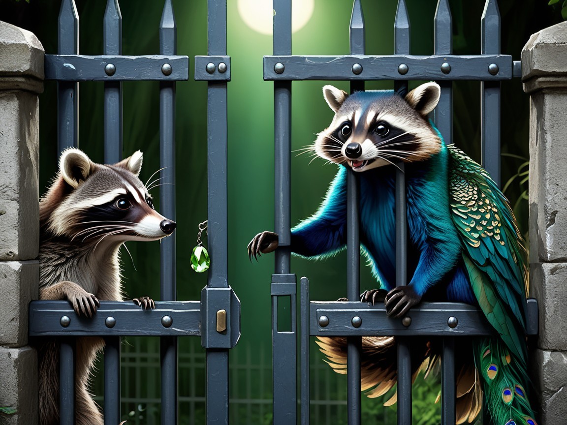 Raccoon and Peacock at Moonlit Gate with Pendant
