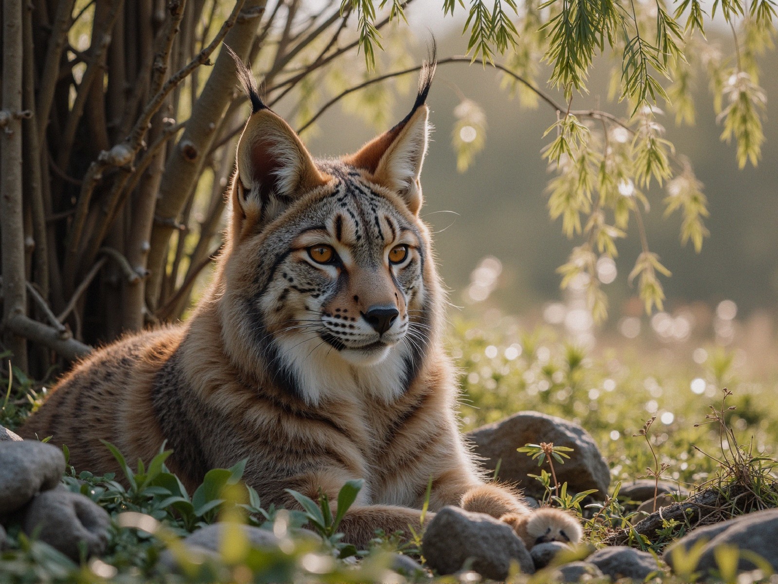 Lynx Resting in Lush Greenery and Soft Sunlight