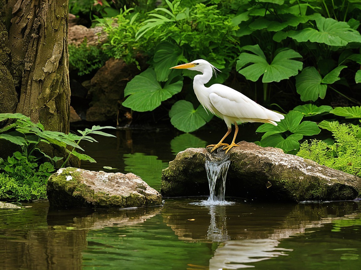 White Bird by Serene Pond Surrounded by Greenery