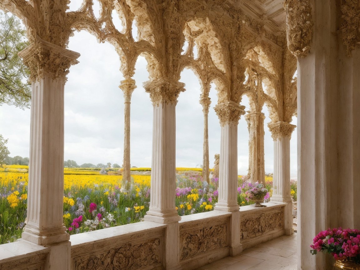 Architectural Corridor with Carved Columns and Wildflowers