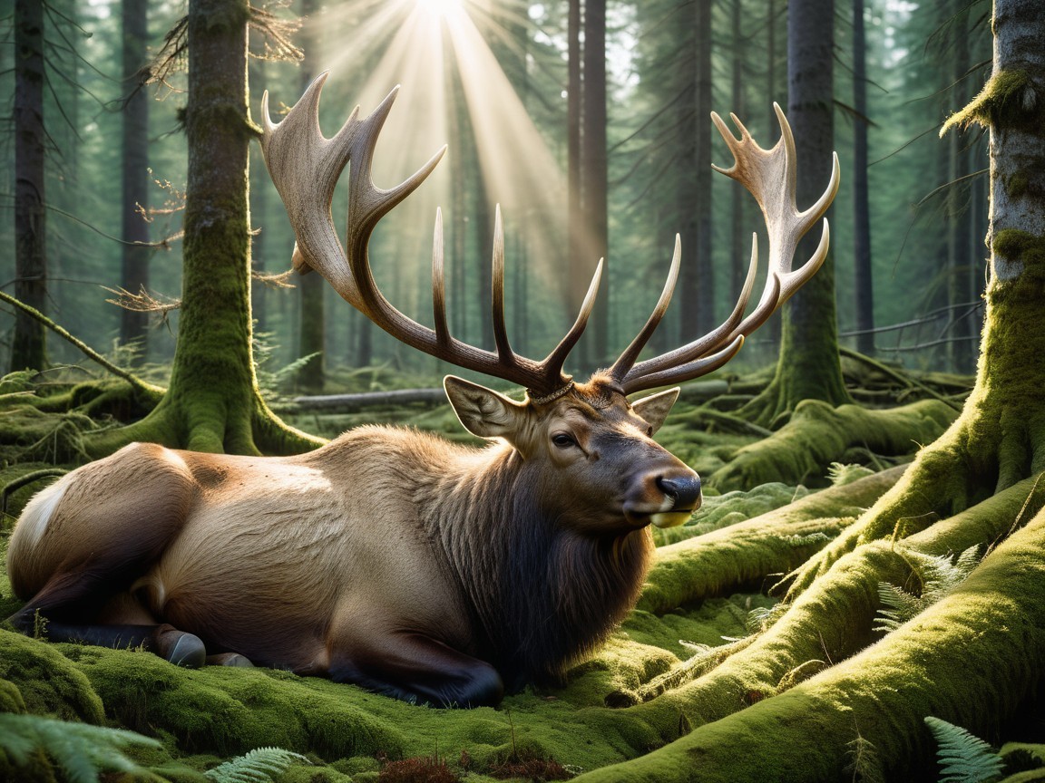 Elk in a Lush Forest with Sunlight and Greenery