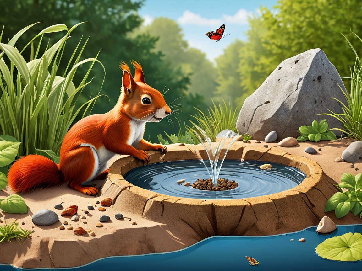 Vibrant Cartoon Scene of Squirrel by Water Basin