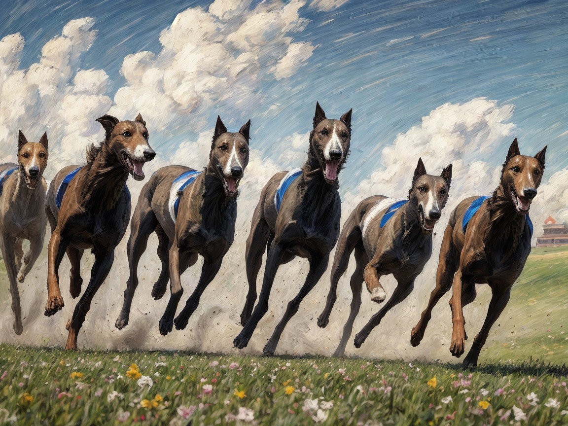 Seven Greyhounds Racing in a Vibrant Grassy Field