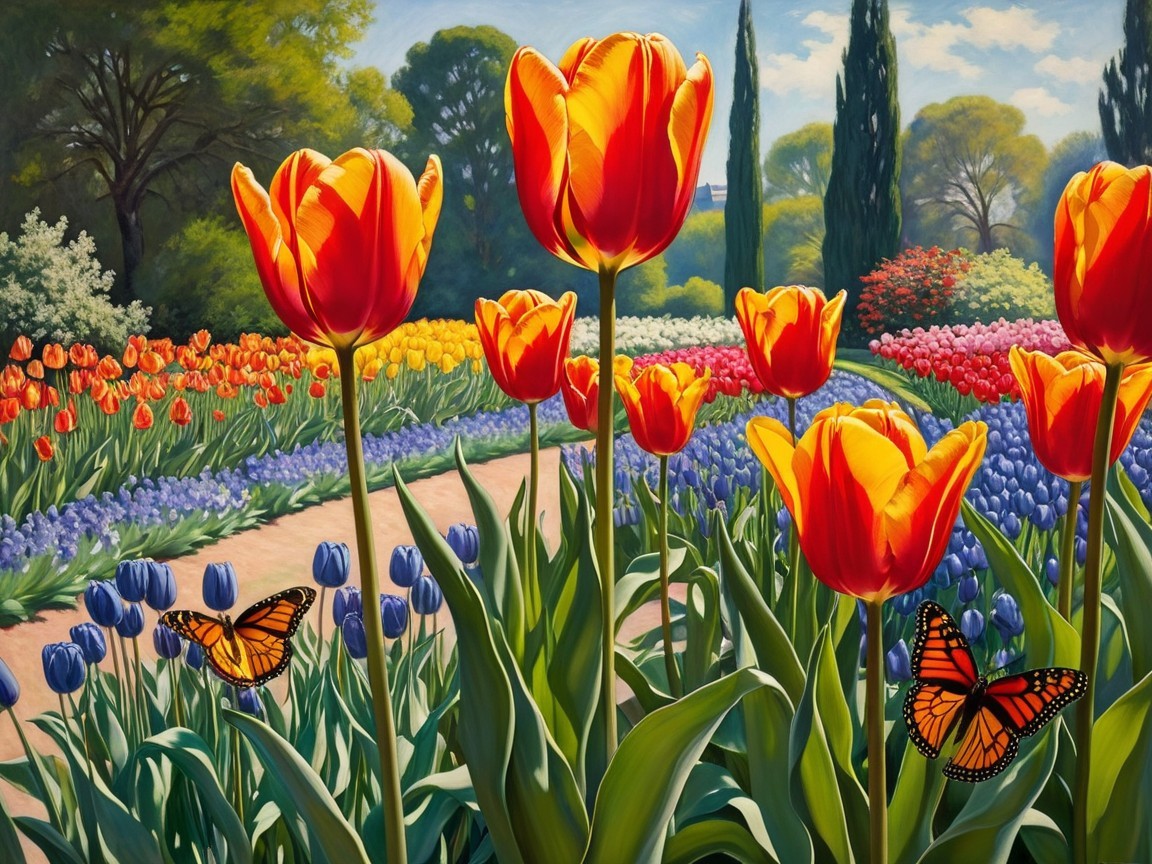 Vibrant garden with orange tulips and butterflies