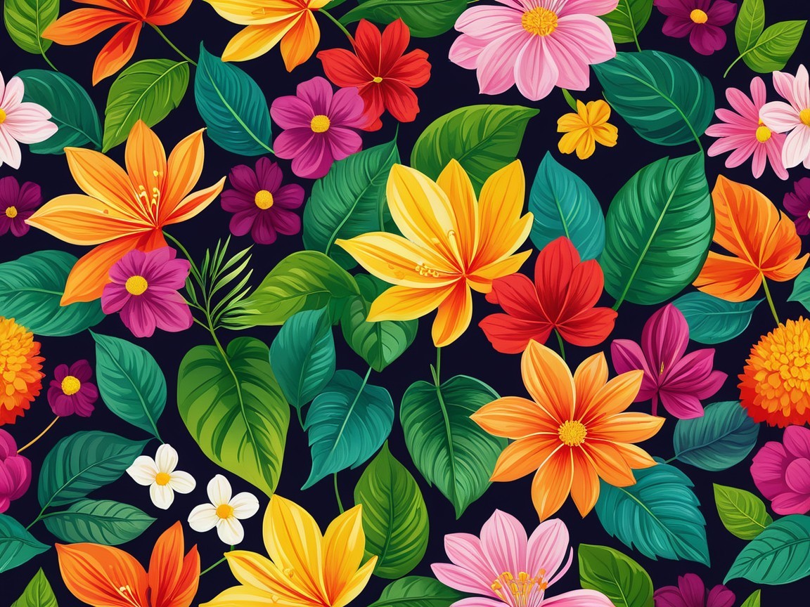 Vibrant Floral Pattern with Colorful Flowers and Leaves