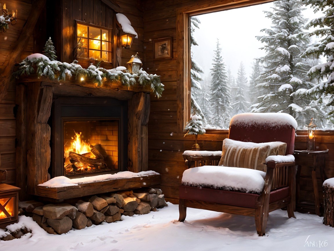 Cozy Cabin Scene with Fireplace and Winter Charm