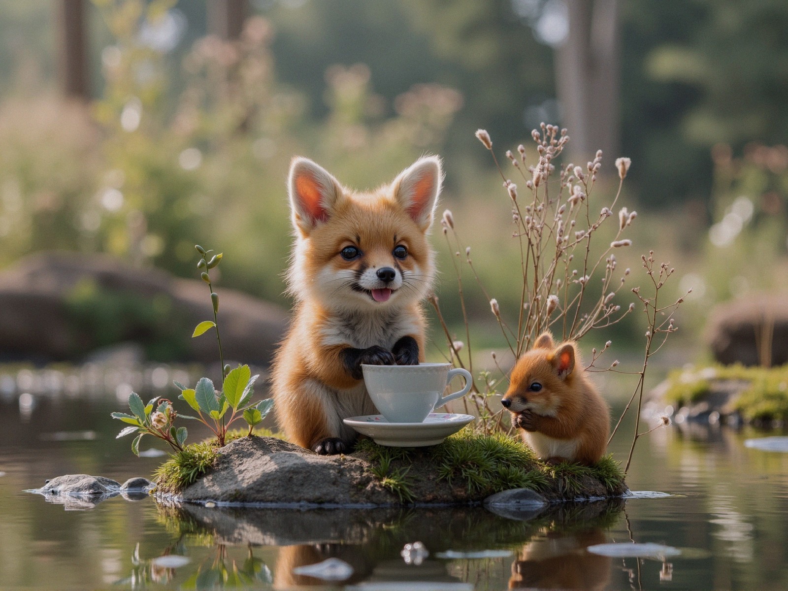 Fox Cubs Having a Tea Party by a Tranquil Pond