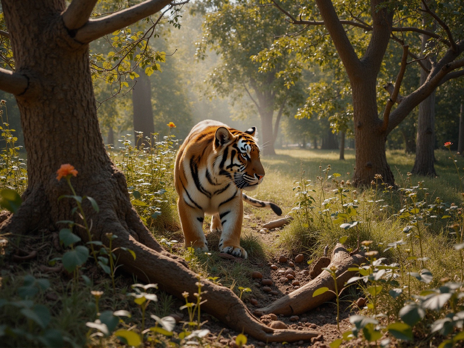 Tiger in a sun-dappled forest with vibrant flora