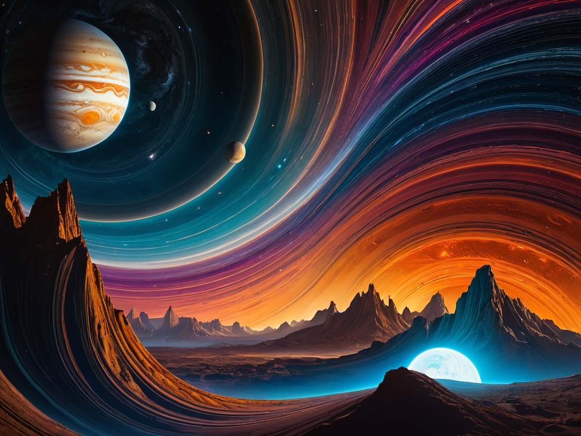 Vibrant Cosmic Landscape with Celestial Bodies and Mountains