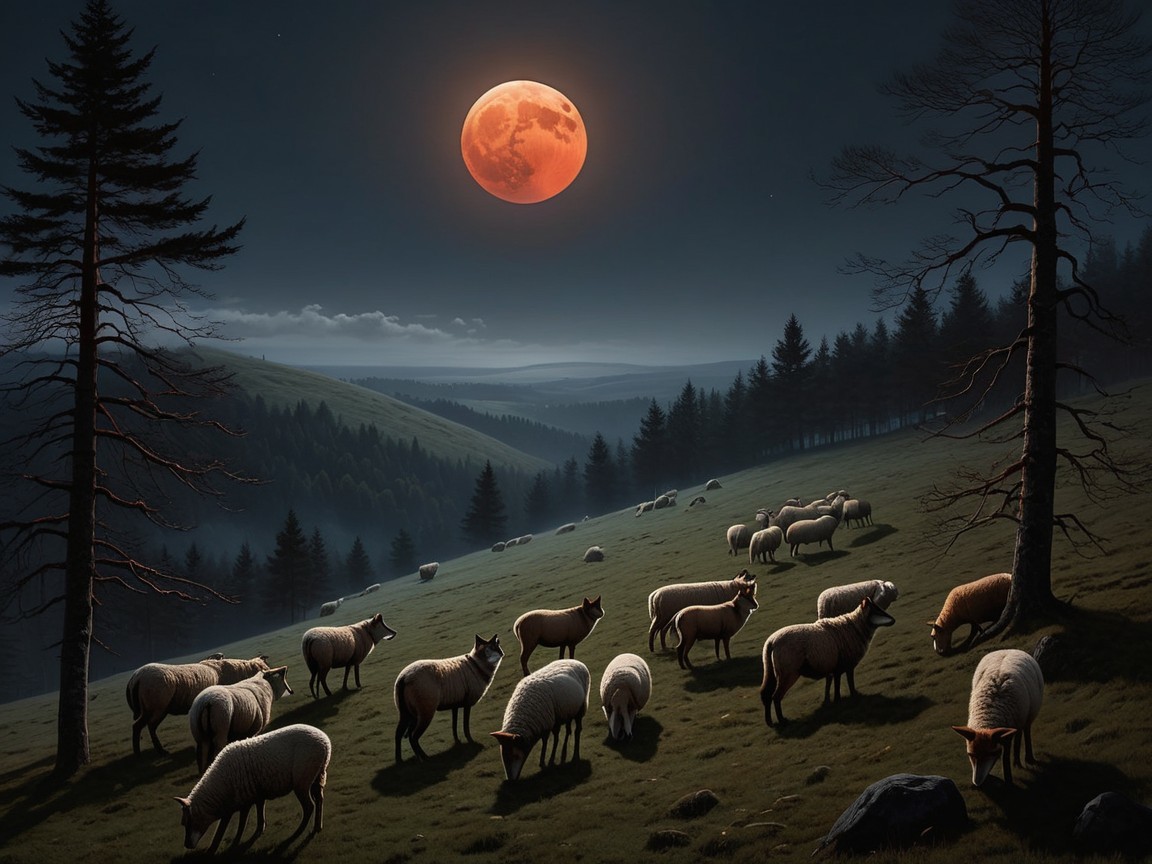 Night Landscape with Sheep Under a Blood Moon