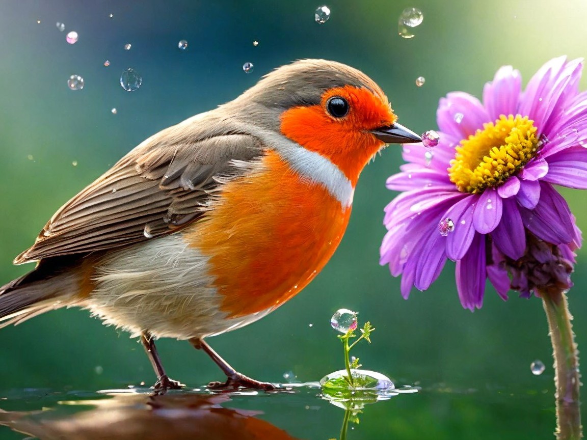Robin with Orange Chest Near Purple Flower and Water Droplets