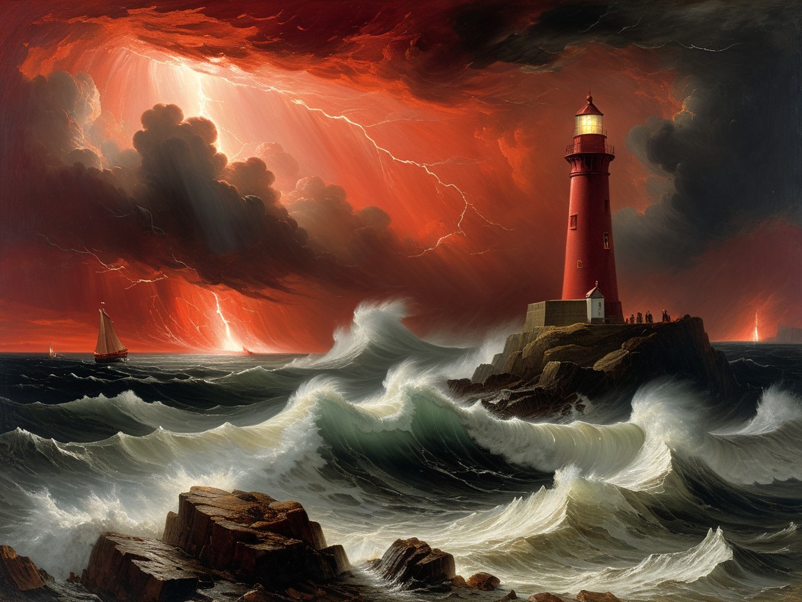 Dramatic Seascape with Lighthouse and Stormy Sky