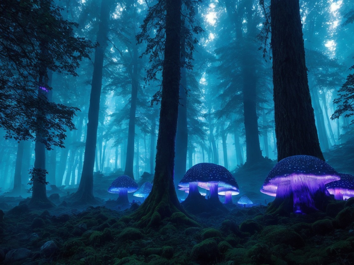 Mystical Forest with Glowing Mushrooms and Foggy Trees