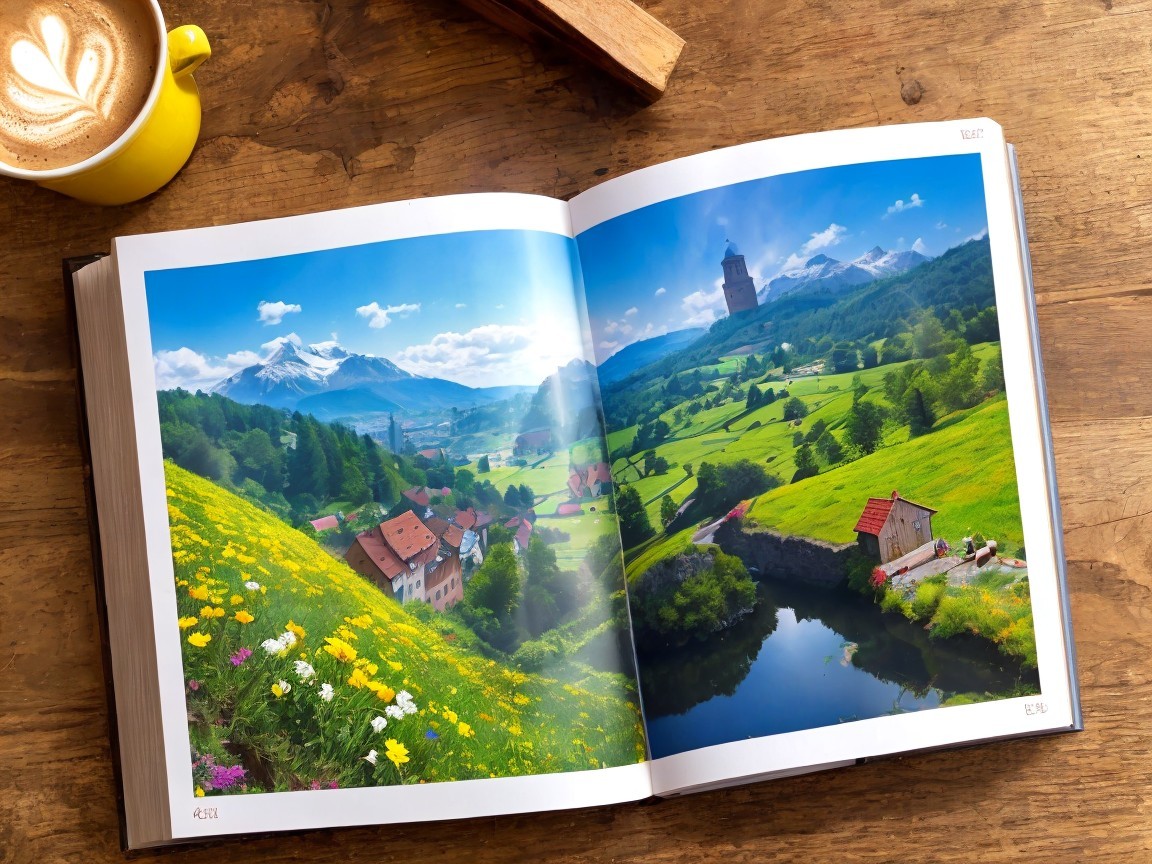 Open Book on Wooden Table with Scenic Landscapes