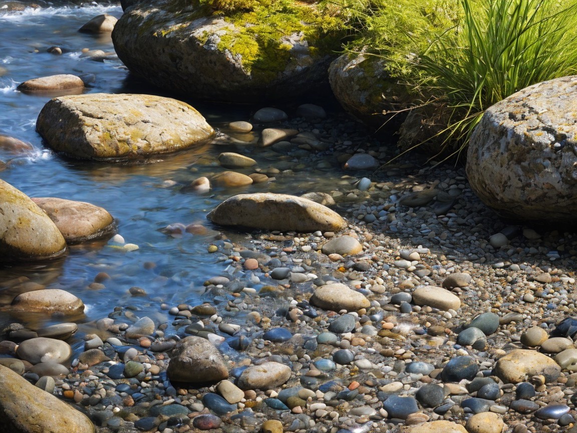 Serene Riverside Scene with Polished Stones and Stream