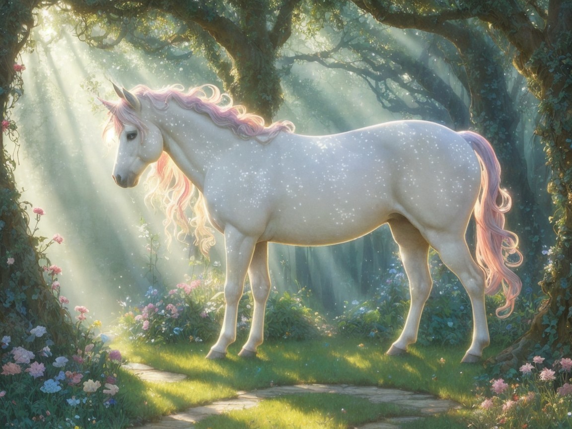 Majestic white unicorn in a sunlit forest setting