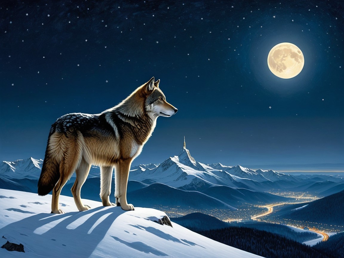 Majestic wolf on snowy peak under full moonlight