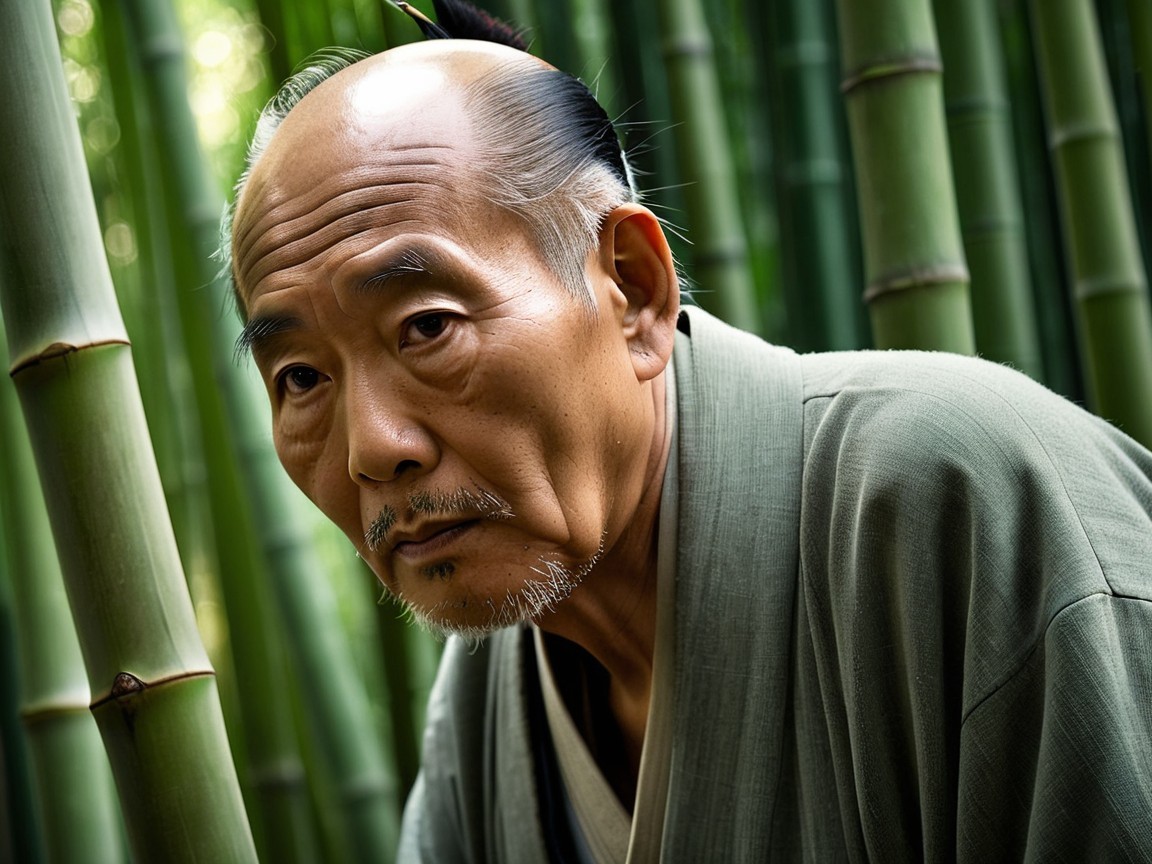 Elderly man in traditional attire among bamboo stalks