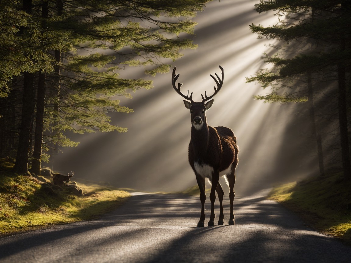Buck with Antlers on Paved Road in Forest Setting