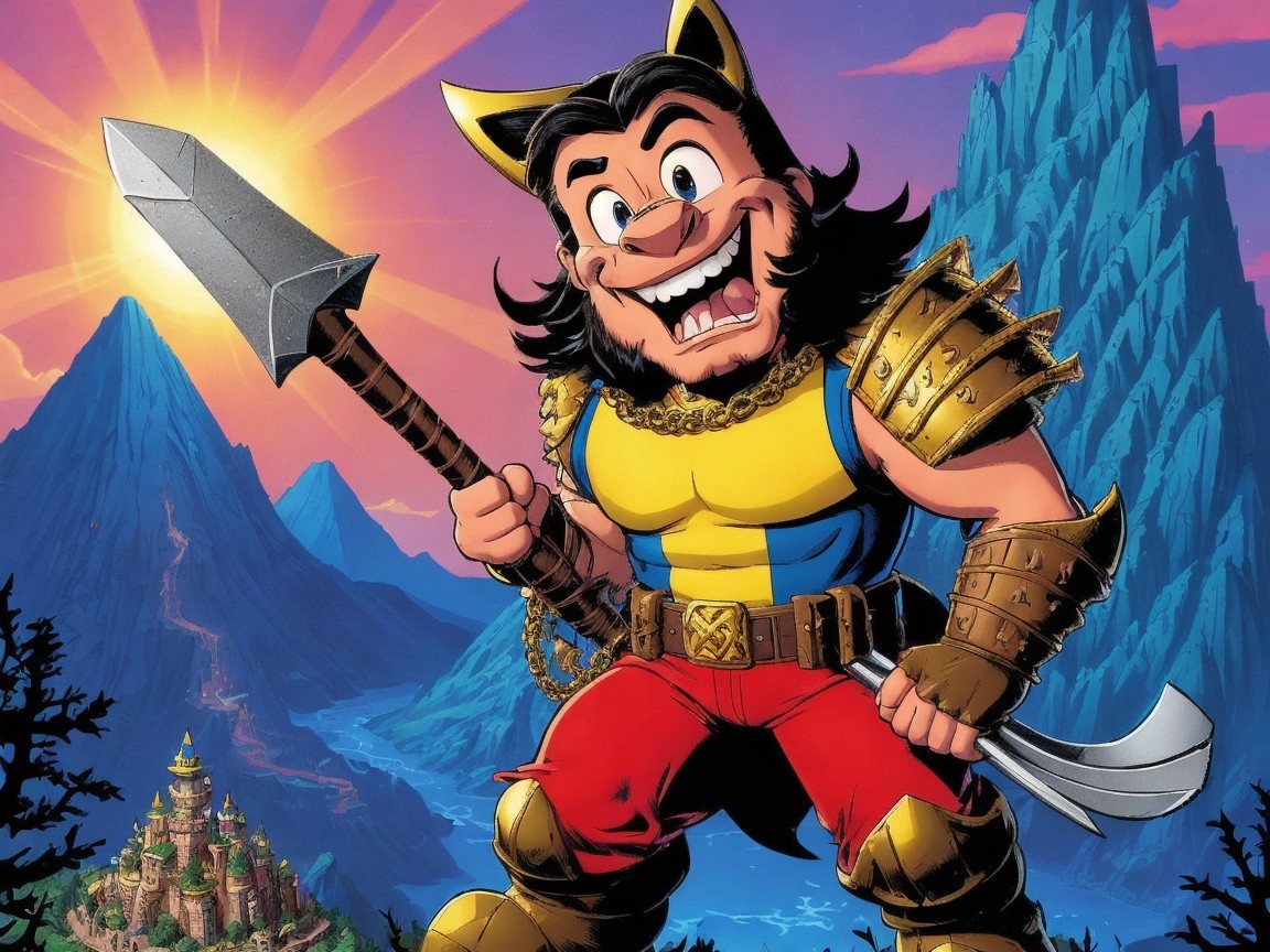 Cartoon Character in Armor with Spear and Landscape