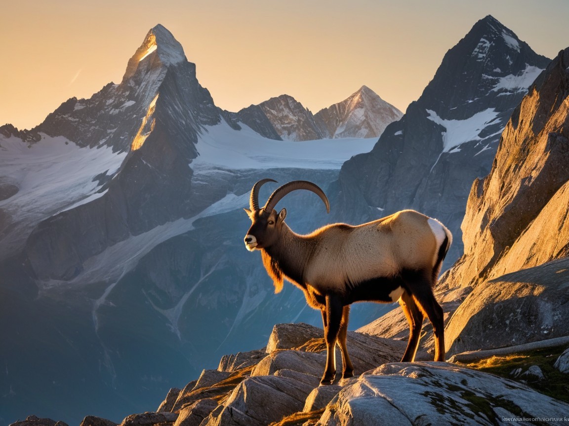 Mountain Goat on Rocky Outcrop at Dawn in Alps