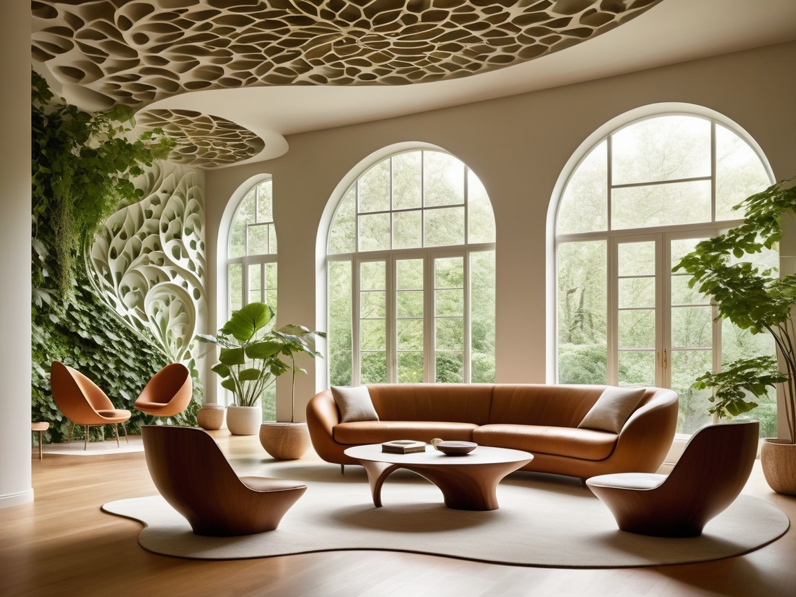 Modern Living Room with Curved Wall and Greenery