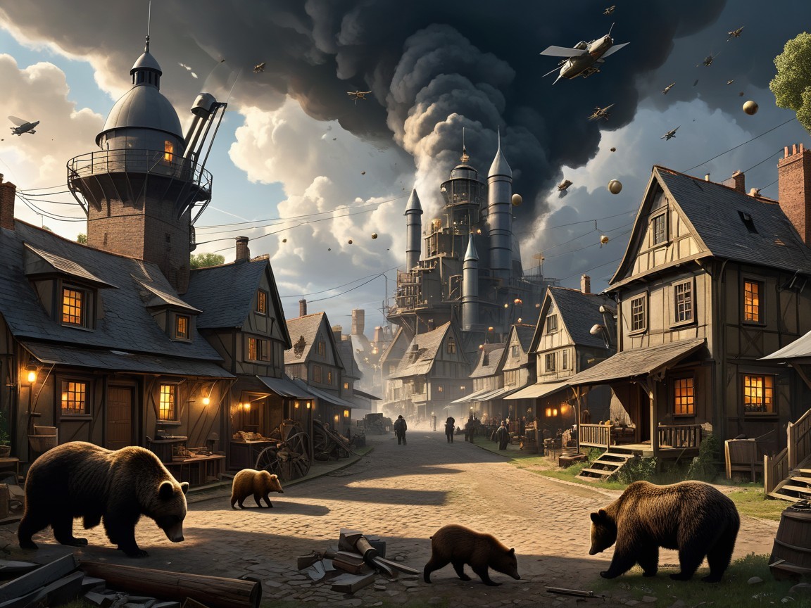 Village Scene with Dramatic Sky and Bears Roaming