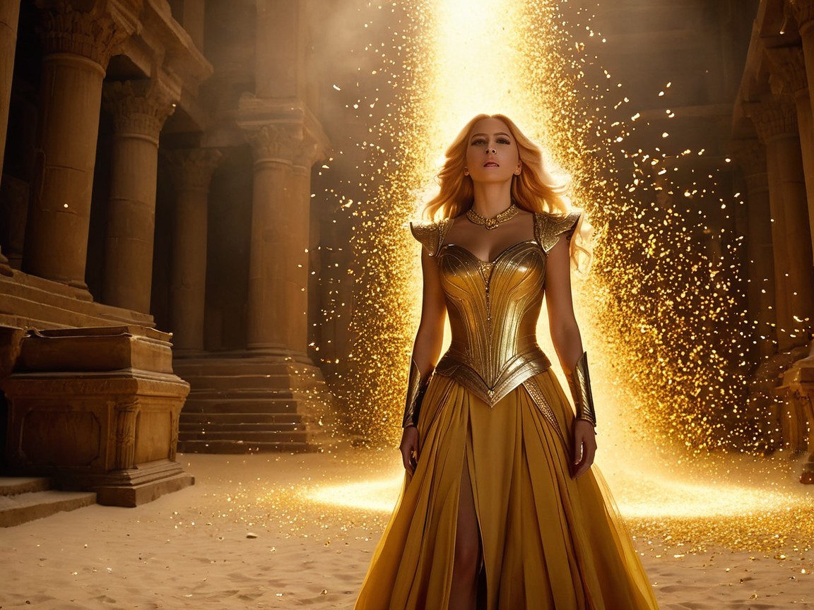 Aristocratic Woman in Golden Dress at Ancient Ruins