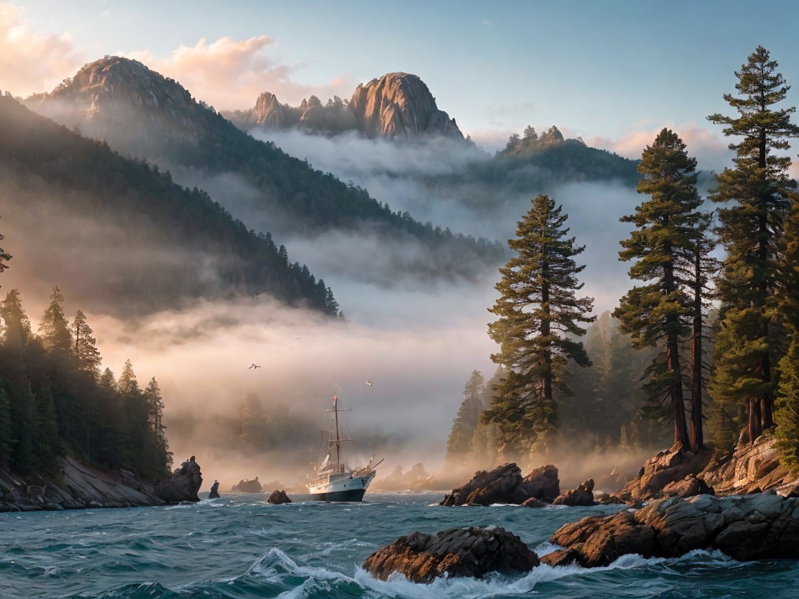 Misty River and Mountains in a Serene Landscape