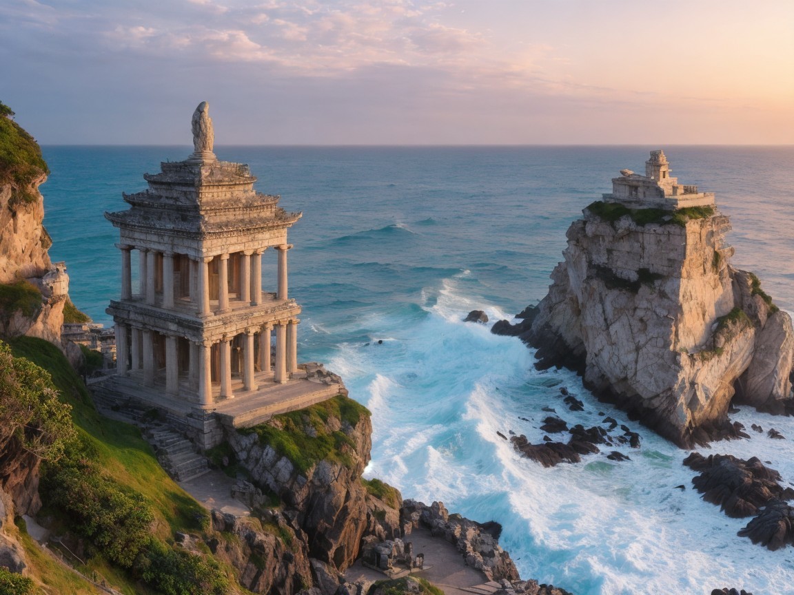 Coastal Landscape with Ancient Temple at Sunset