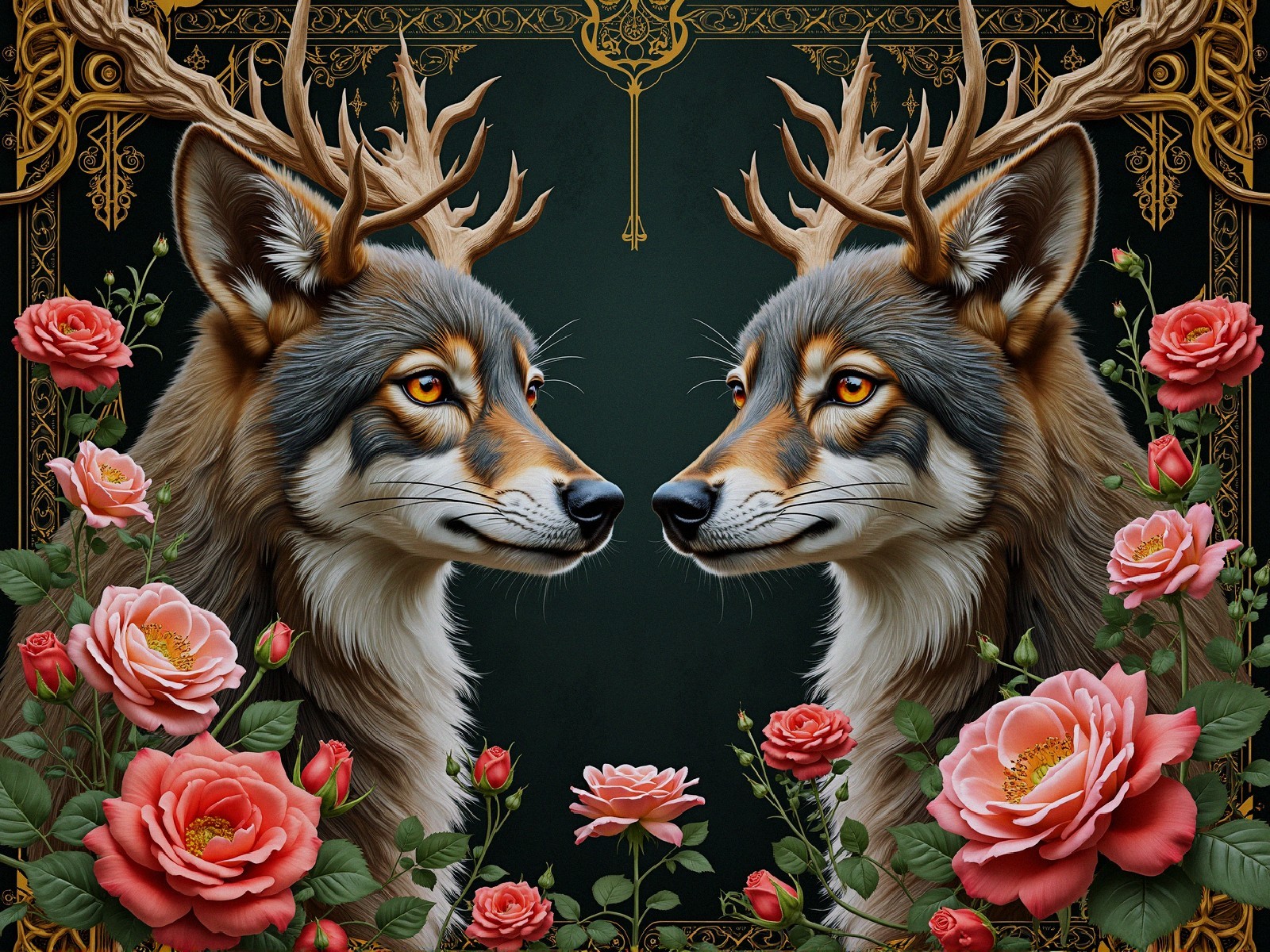 Wolves with Antlers Surrounded by Pink Roses